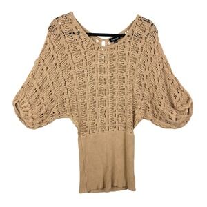 Bebe S Women Sesame Tan Open Knit Crochet Dolman RIbbed Waist Sweater BOHO BEACH